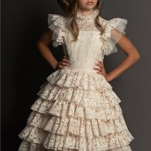 Joyfolie Cream Lace Ruffle Dress